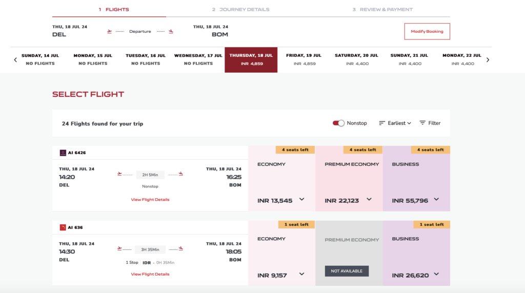 a screenshot of a flight schedule